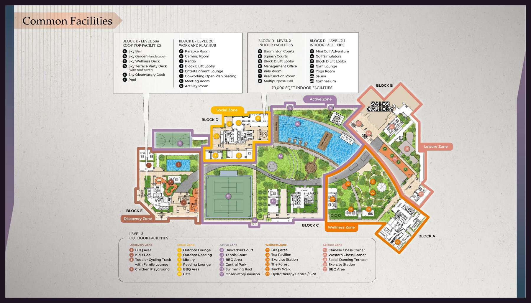 Cappella Embassy common facilities site plan across Discovery, Social, Active, Wellness and Leisure zones