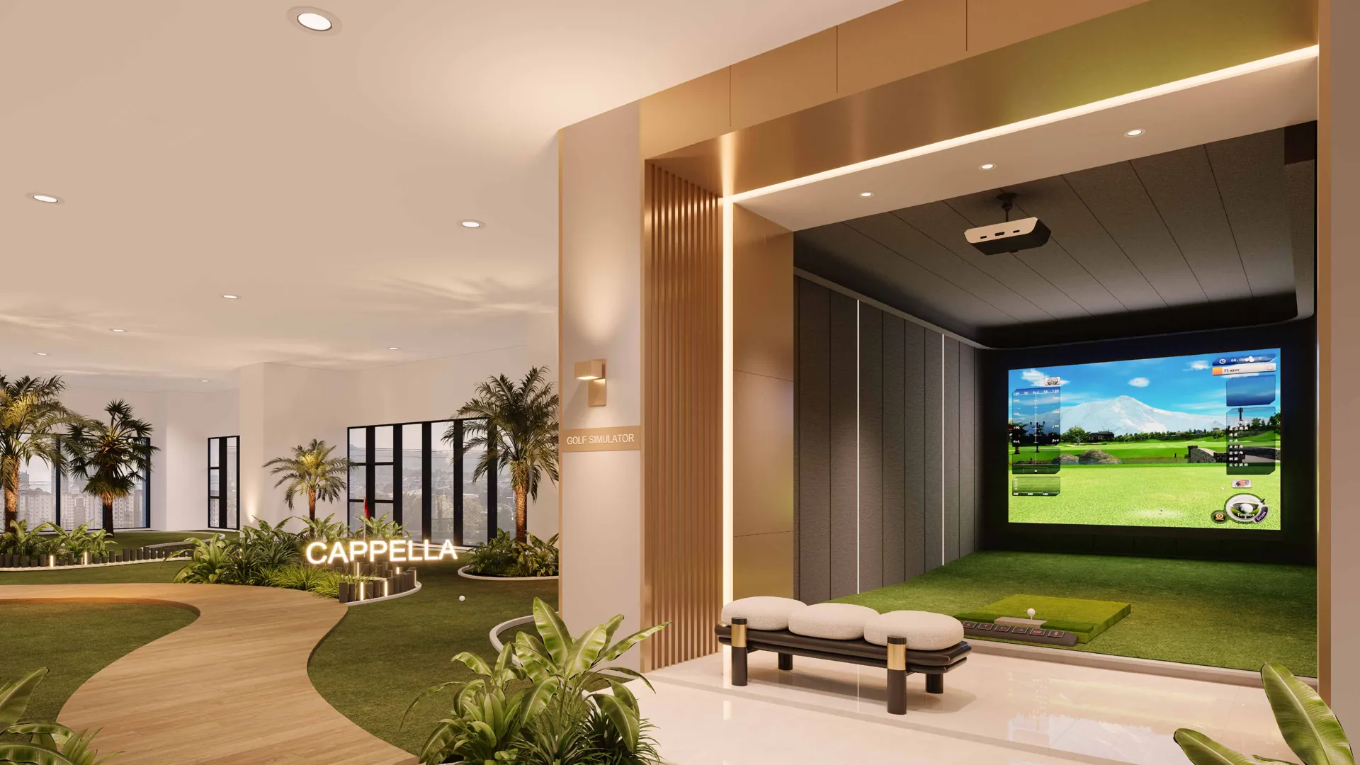 Golf simulator lounge with view over the landscaped garden walk