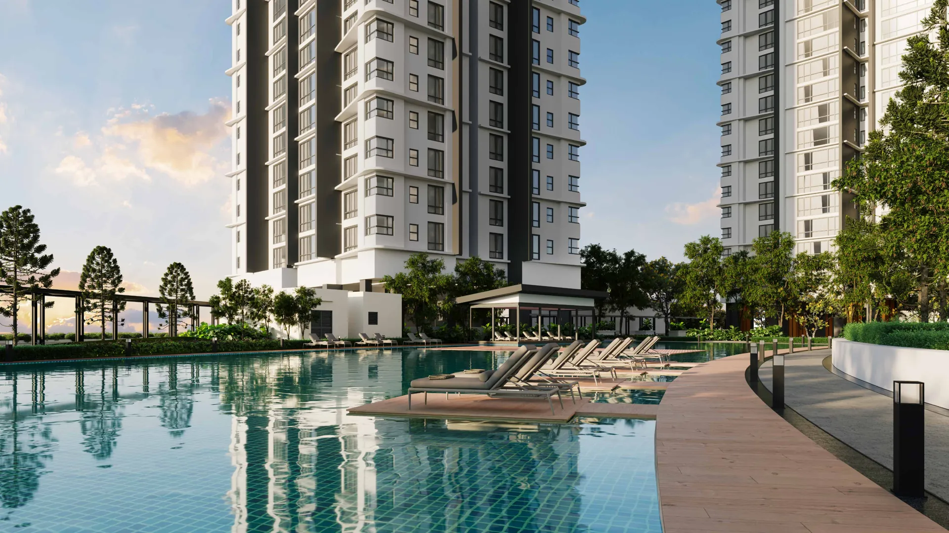 Swimming pool between the towers by day
