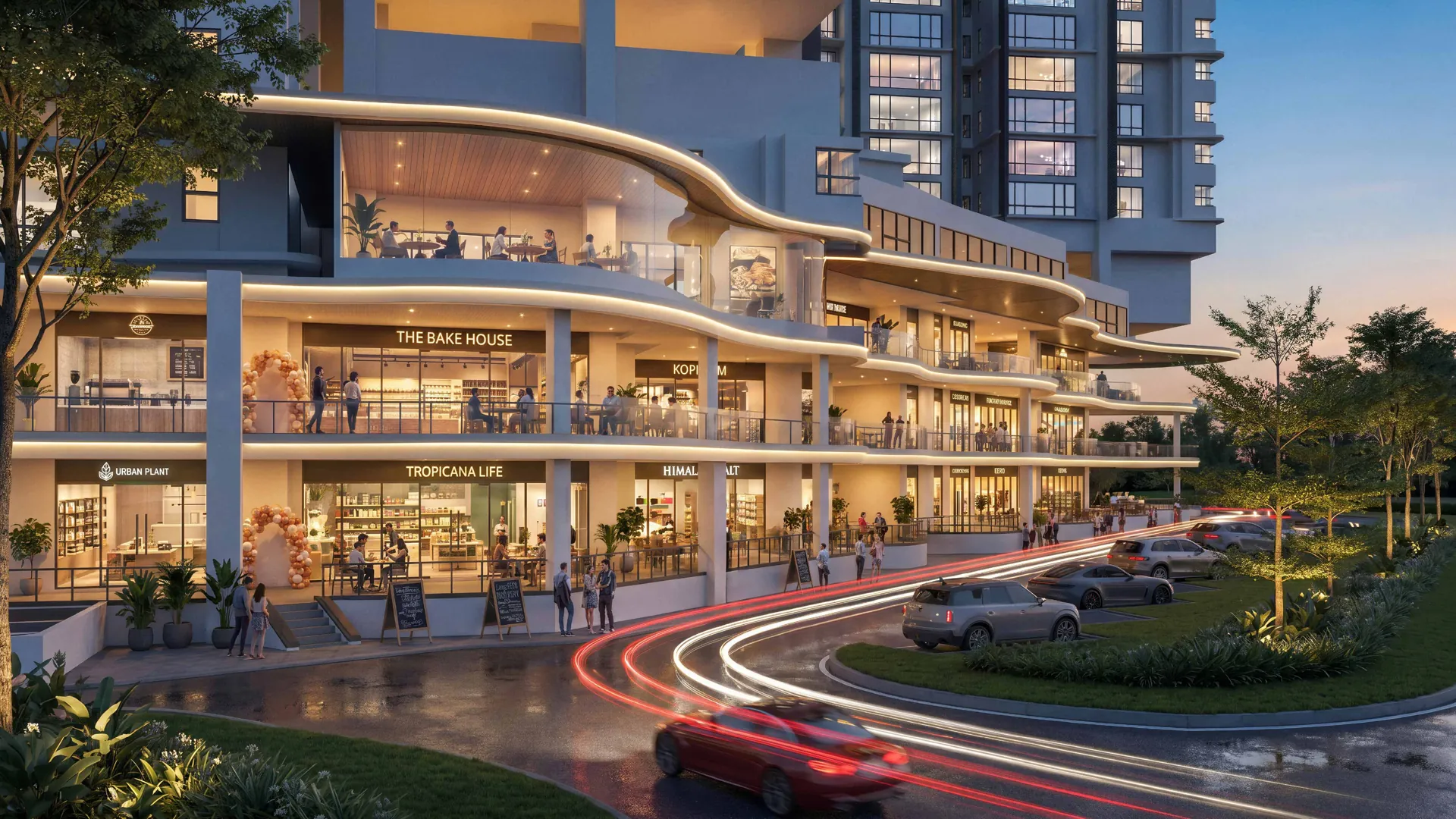 Retail shoppes and drop-off at dusk