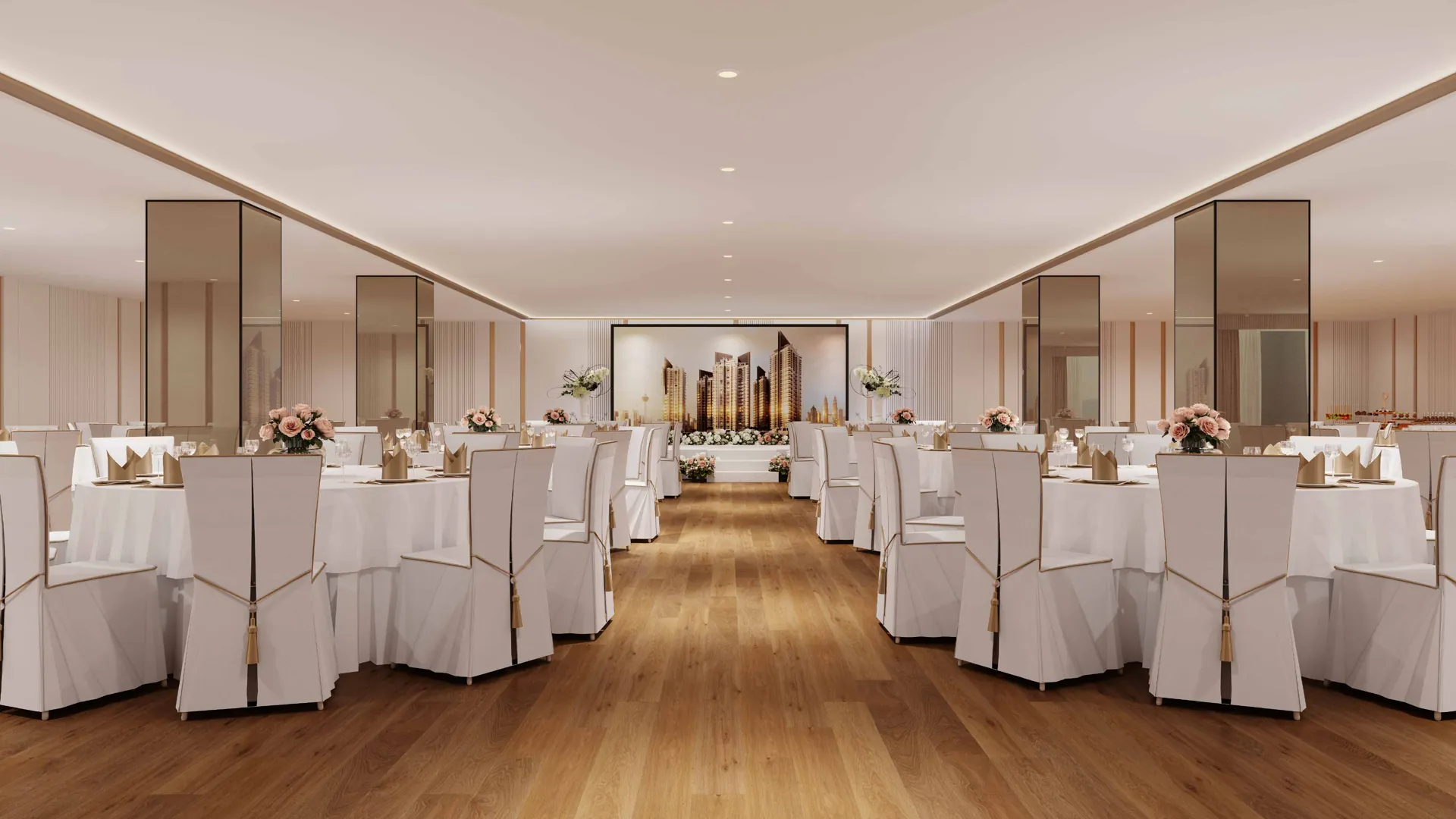 Grand ballroom set for a formal function
