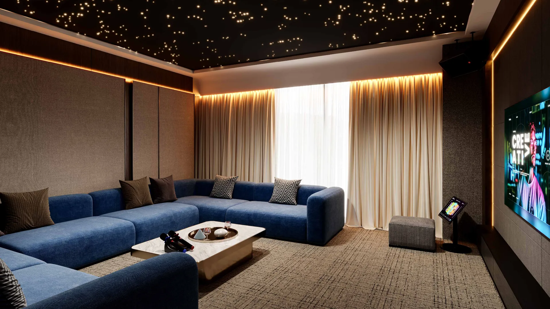 Private theatre and karaoke room with starlit ceiling