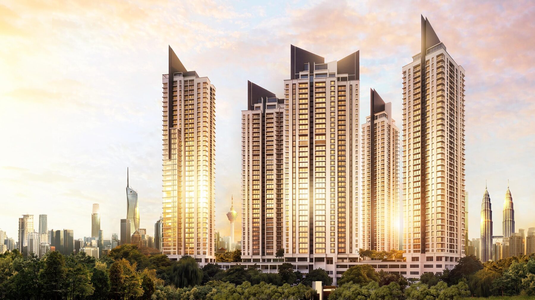 Cappella Embassy five towers rising above Jalan Ampang, Kuala Lumpur skyline