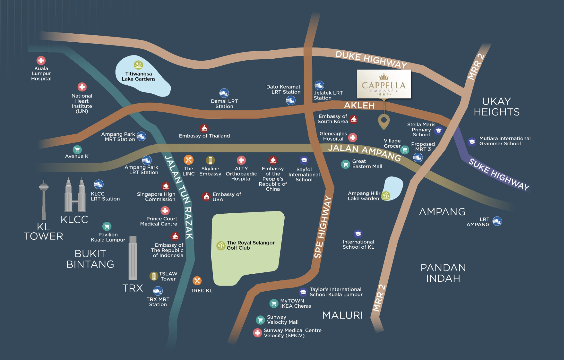 Map of Cappella Embassy showing nearby embassies, hospitals, schools, malls, LRT stations and highway connections along Jalan Ampang