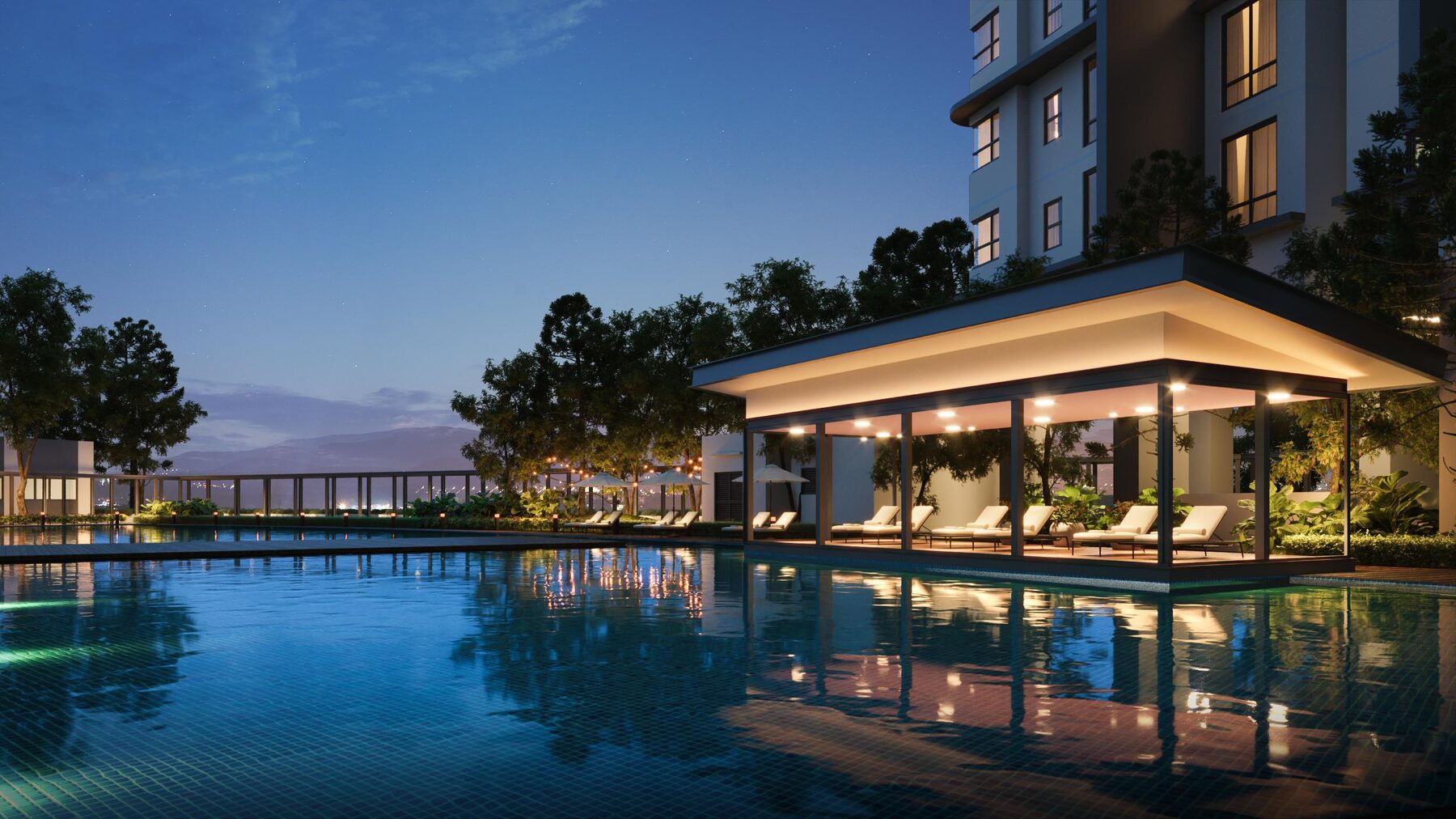 Poolside deck at dusk